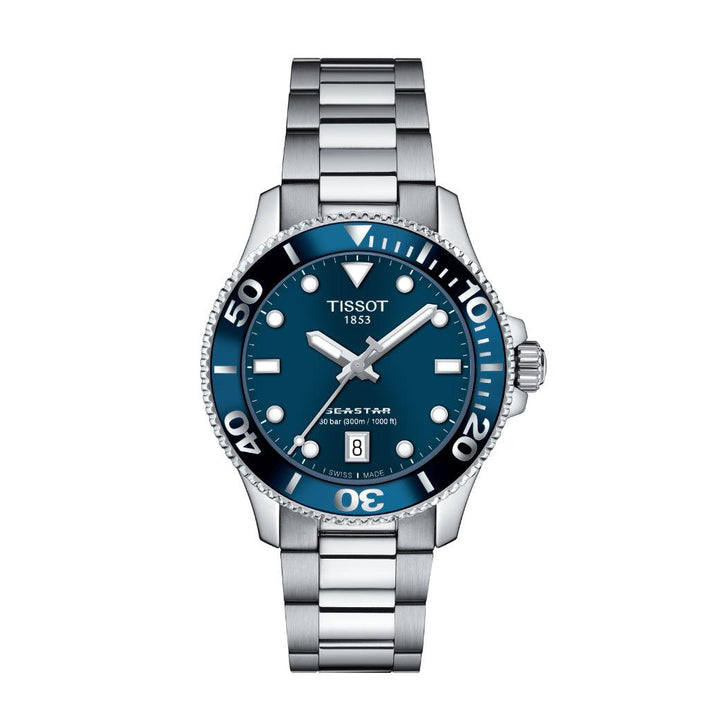 Tissot Seastar 1000 36mm ur med blå urskive, stållenke og dato, Model T1202101104100