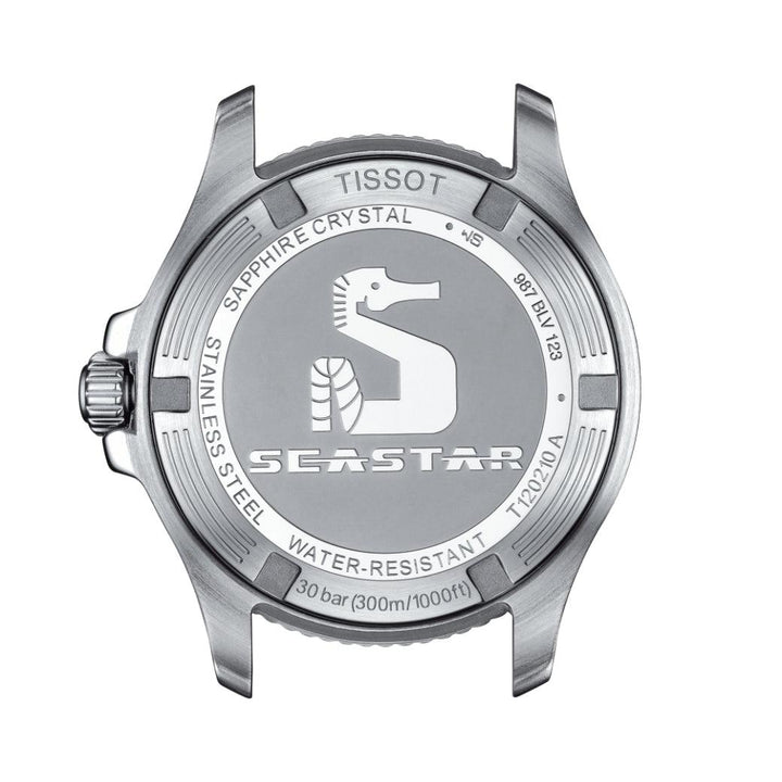 Tissot Seastar 1000 36mm viser urkassens bagside i stål med seahorse-logo og detaljer. Model T1202101104100