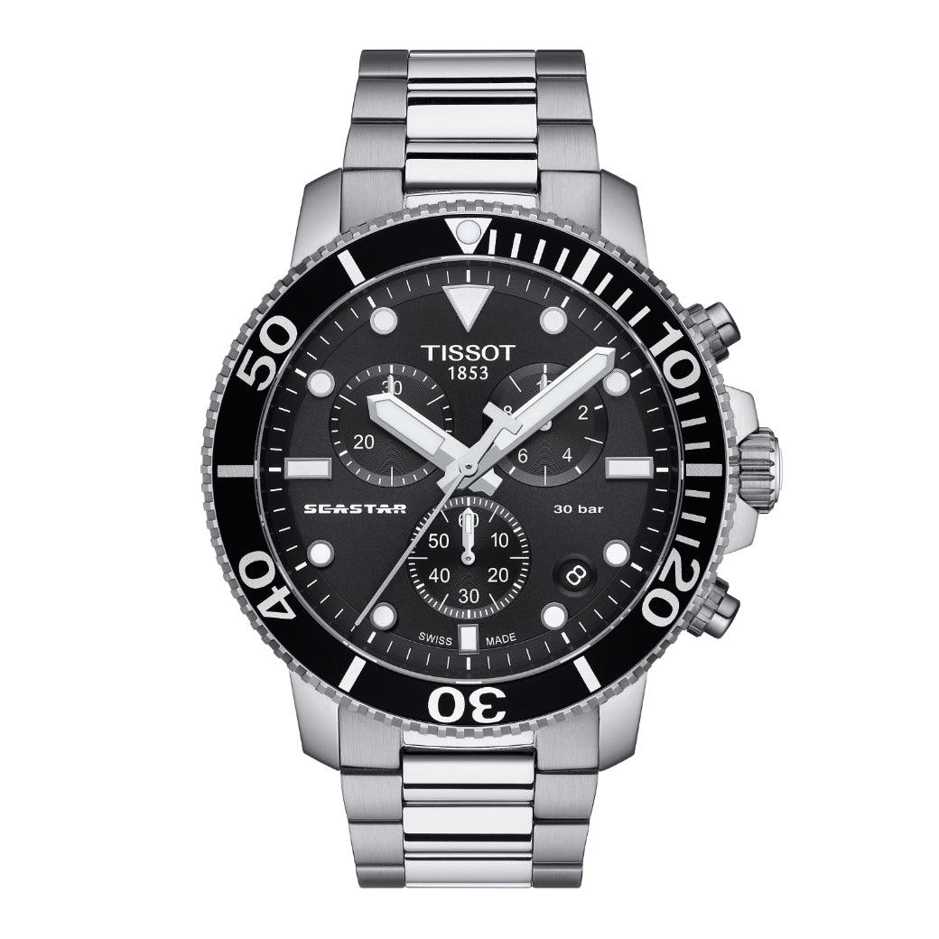 Tissot Seastar 1000 Chronograph viser et stålarmbåndsur med sort urskive, tydelige chronograph-detaljer, Model T1204171105100.