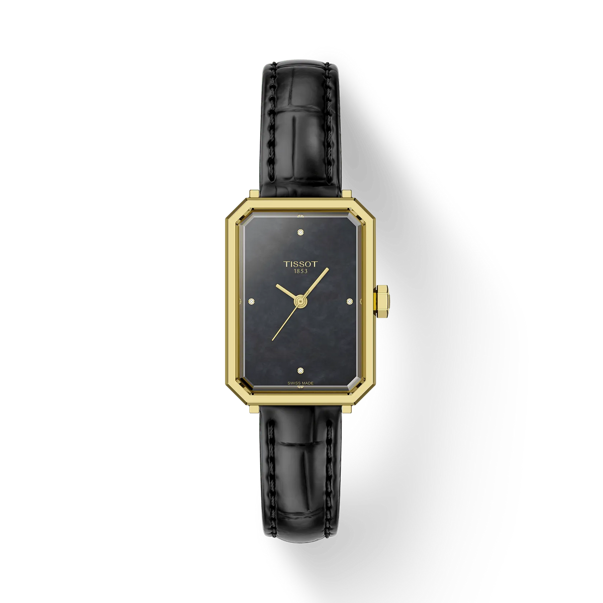 Tissot SRV 30mm guld PVD ur med sort læderrem, elegant rektangulær urskive. Model T1601103612600