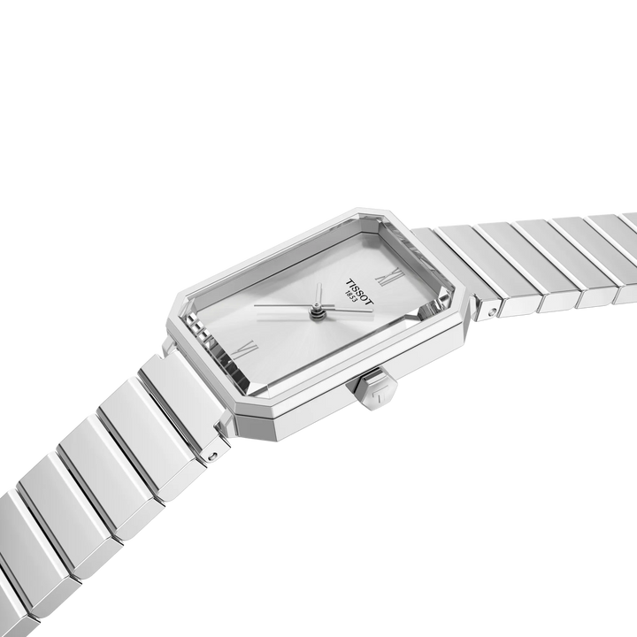 Tissot SRV 30mm stål lænke sølv skive viser nærbillede af elegant firkantet urkasse og armbånd. Model T1601101103300