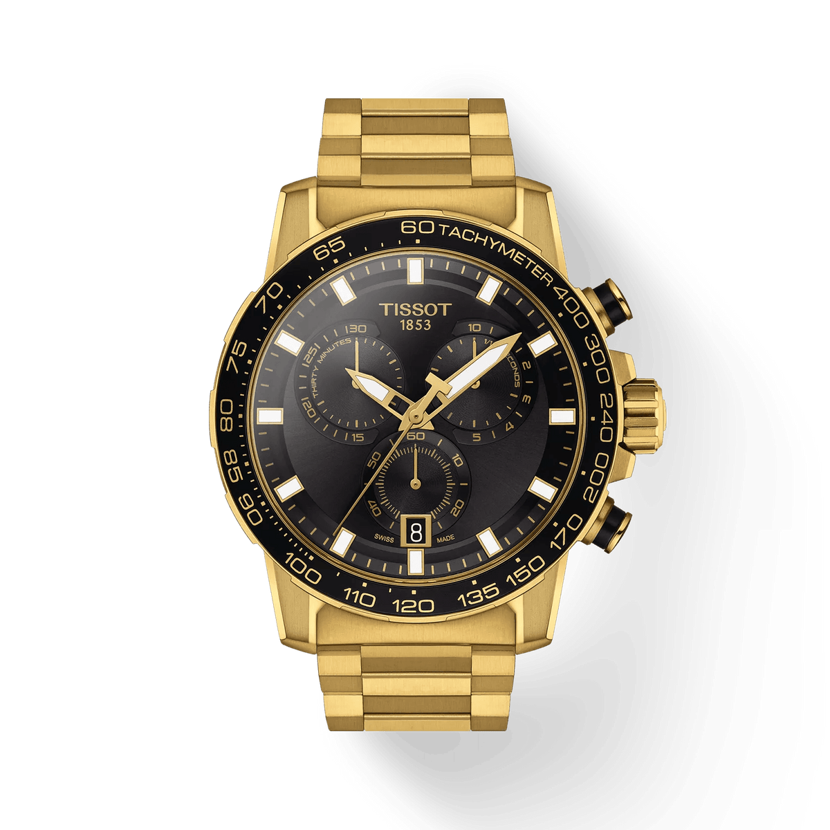 Tissot Supersport Chrono guld PVD 45mm quartz ur med sort urskive og tachymeter. Model T1256173305101