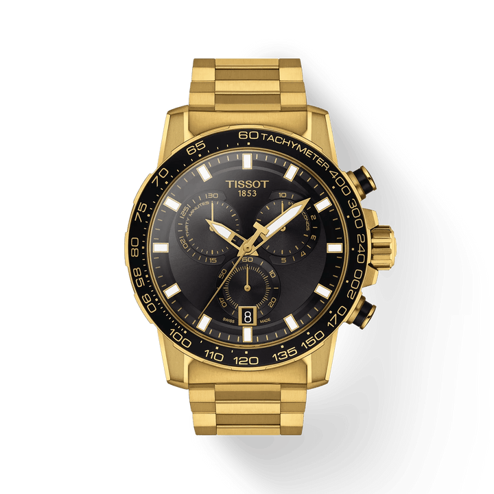 Tissot Supersport Chrono guld PVD 45mm quartz ur med sort urskive og tachymeter. Model T1256173305101