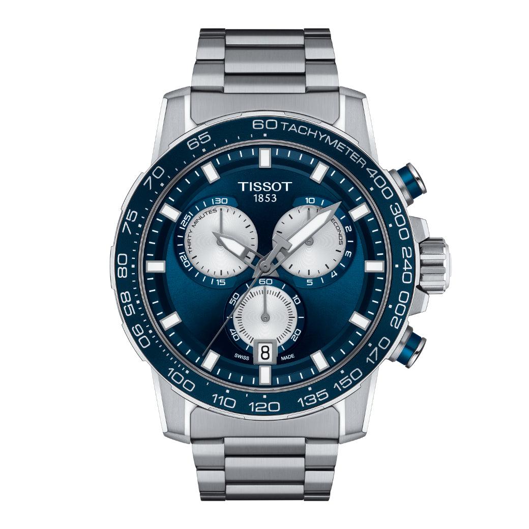 Tissot Supersport Chrono T1256171104100 ur med blå skive, stållænke og sporty chronograph. Model T1256171104100