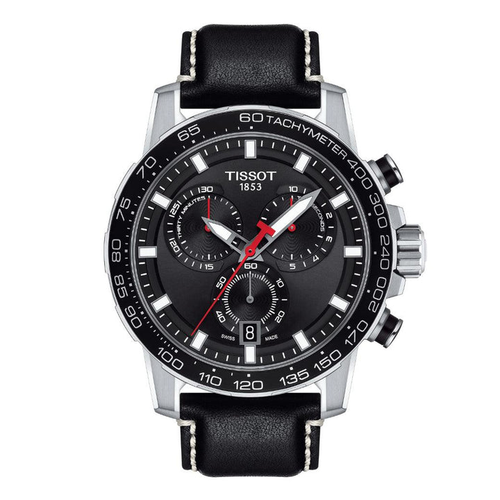 Tissot Supersport Chrono med sort skive, chronograph detaljer og sort læderrem. Model T1256171605100