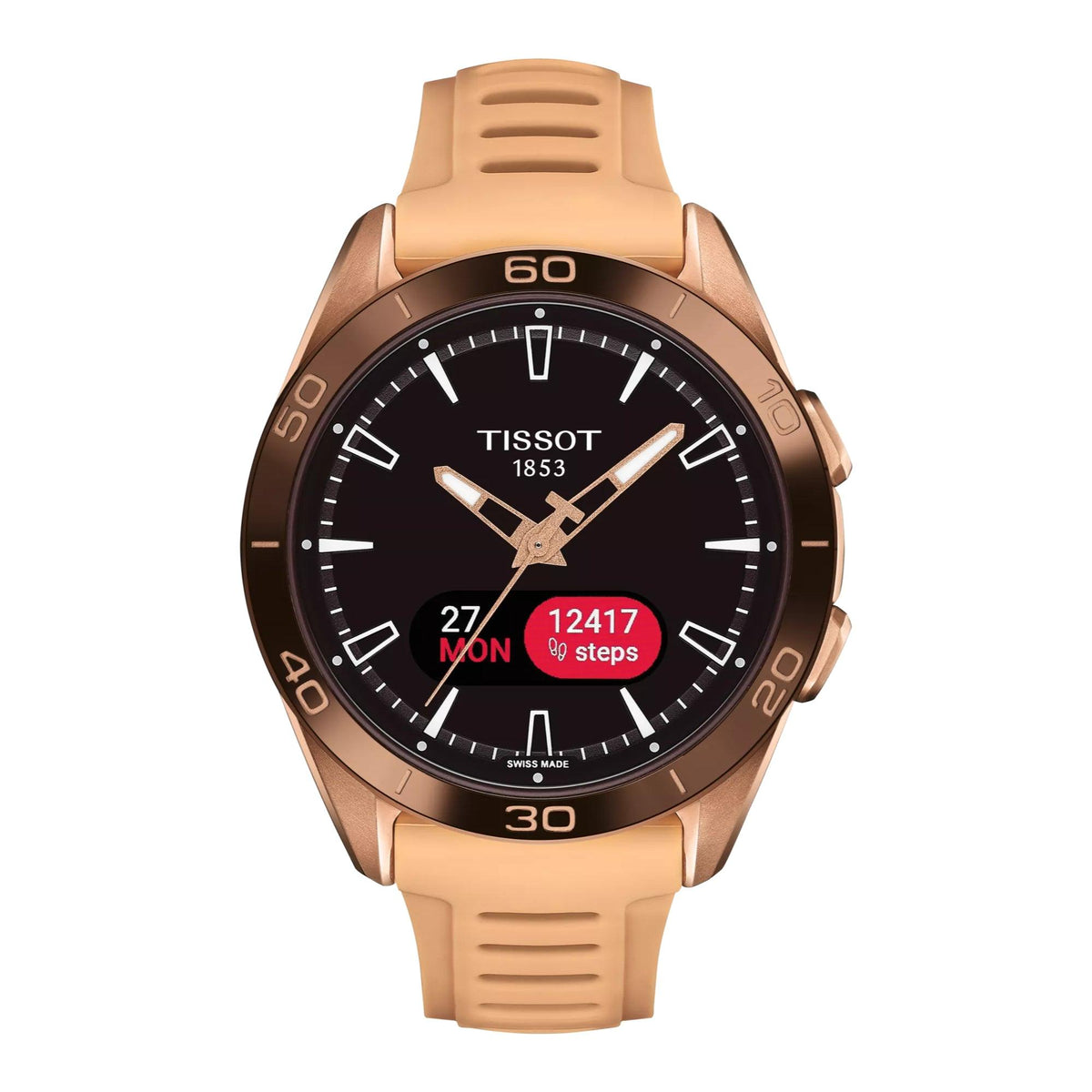 Tissot T-Touch Connect Sport Rose Gold PVD smartwatch med gummirem og sort urskive, Model T1534204705105.
