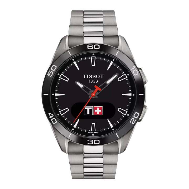 Tissot T-Touch Connect Sport Titanium med sort urskive og sølvfarvet titaniumsrem. Model T1534204405100.