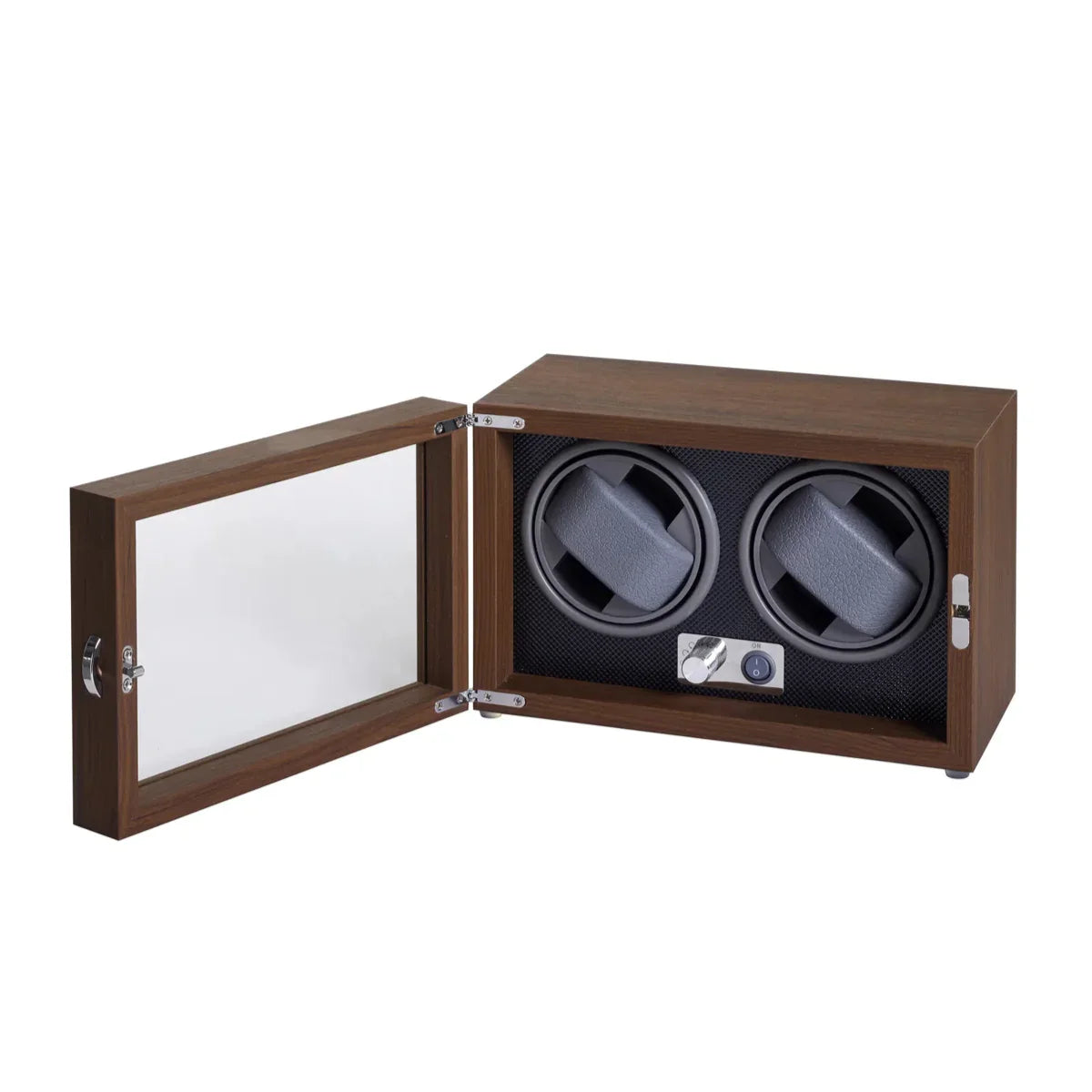 Watch Winder til 2 ure urboks0008 med frontlåge åbnet, viser to sorte urholdere i trææske. Model urboks0008