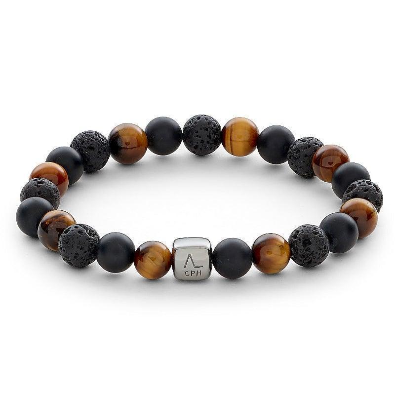 Alexander Lynggaard Armbånd Los Angeles 8mm med brun, sort og lavasten på elastik, Model C10013-001-1.