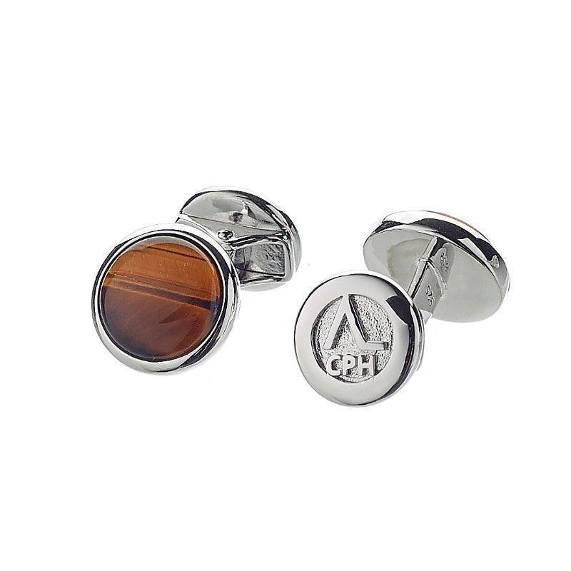 Alexander Lynggaard Hope Cufflinks Tiger Eye i sølv med rund brun sten og graveret bagside. Model H31203-1