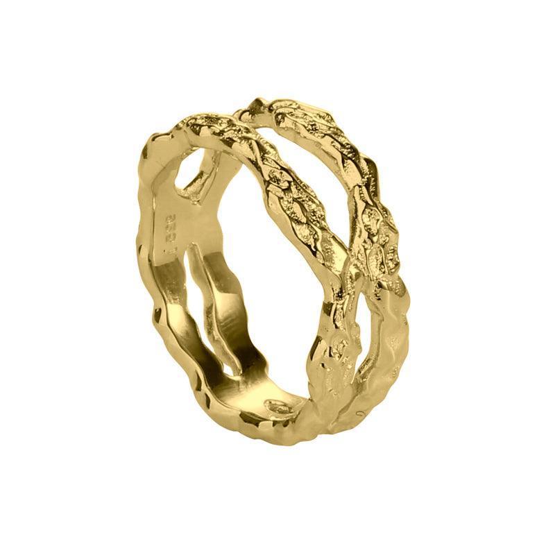 Aqua Dulce Mila Ring Sølvforgyldt med organisk rå tekstur, åben design i guld-look. Model 4675-4675-001-1