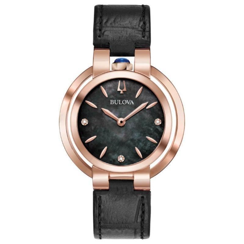 Bulova Rubaiyat dameur med sort perlemorsskive, rosaguldfarvet urkasse og sort læderrem. Model 97P139-97P139-1.