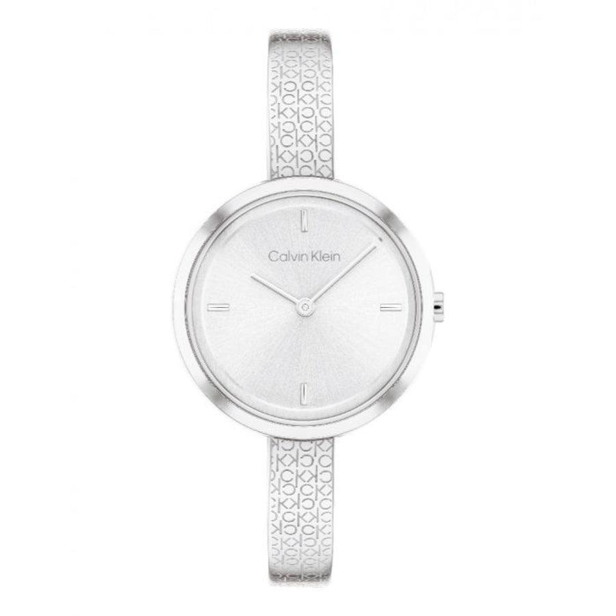Calvin Klein Beam Dameur med sølvskive og blankt CK-mønsteret rem, elegant ur. Model 25200181.