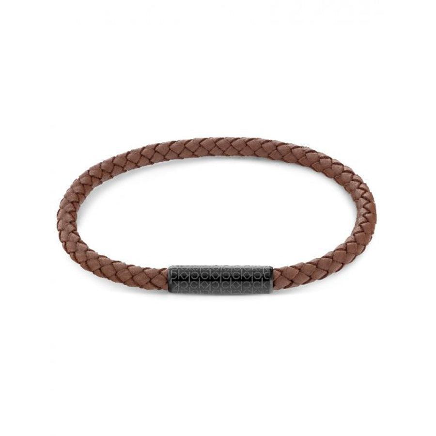 Calvin Klein Braided Bracelet 19.5cm vist som flettet brun læderarmbånd med sort lukning, Model 35000103