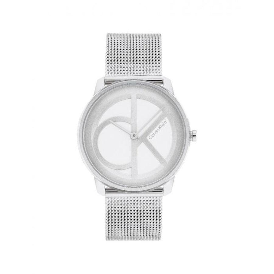 Calvin Klein Iconic Mesh dameur med sølv mesh-rem og minimalistisk urskive. Model 25200032.