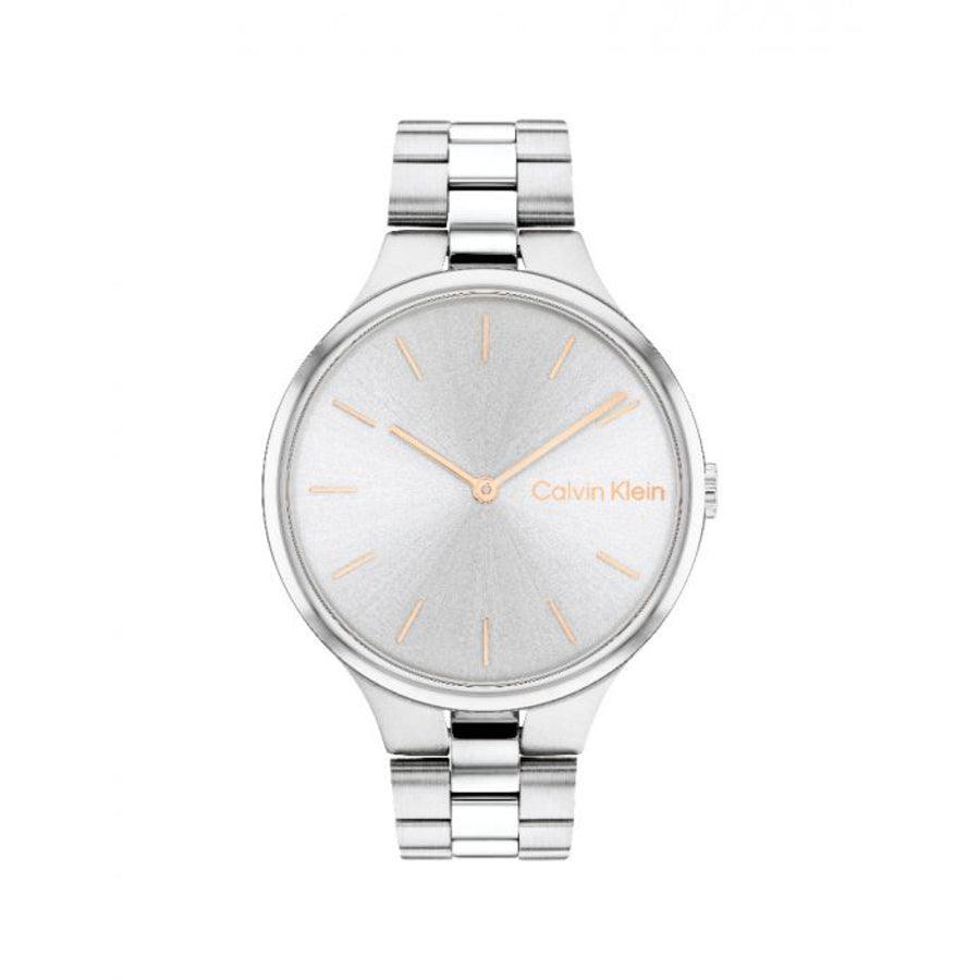 Calvin Klein Linked Dameur viser sølvfarvet urskive og stållænke i elegant, minimalistisk stil. Model 25200128-25200128.