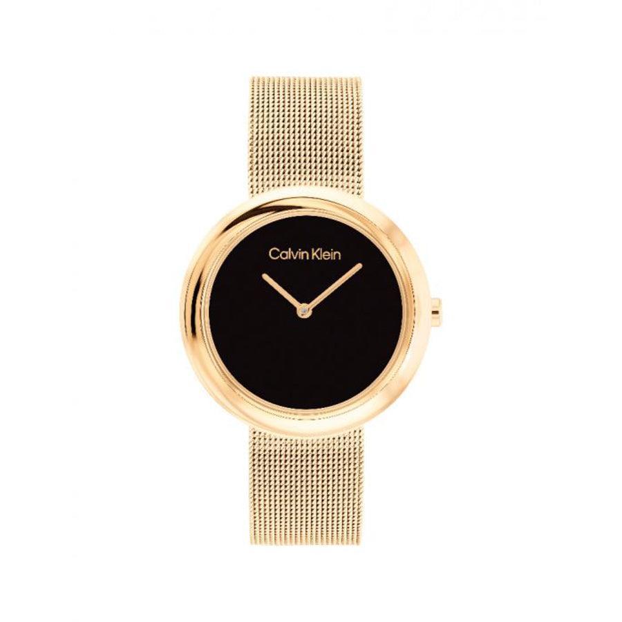 Calvin Klein Twisted Bezel Dameur i guld med sort urskive og mesh-rem, Model 25200012-25200012-1.