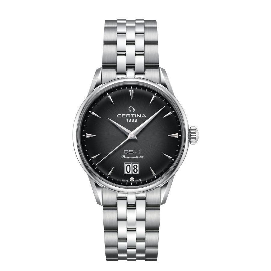 Certina DS-1 Big Date Powermatic 80 herreur sort urskive med stållænke, Model C0294261105100