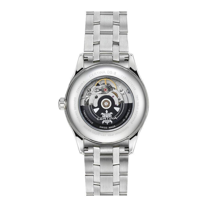 Certina DS-8 stålarmbåndsur vist bagfra med synligt automatisk urværk og sølvfarvet lænke. Model C0334281104100