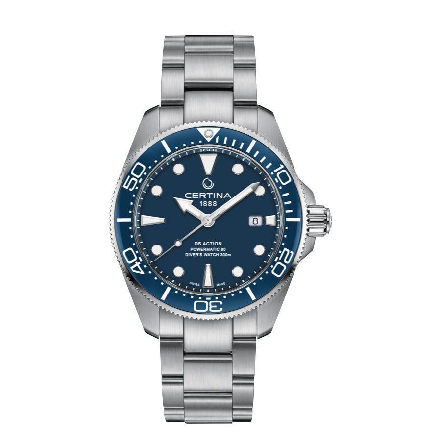 Certina DS Action Powermatic 80 herreur med blå urskive og sølvfarvet stållænke. Model C0326071104100