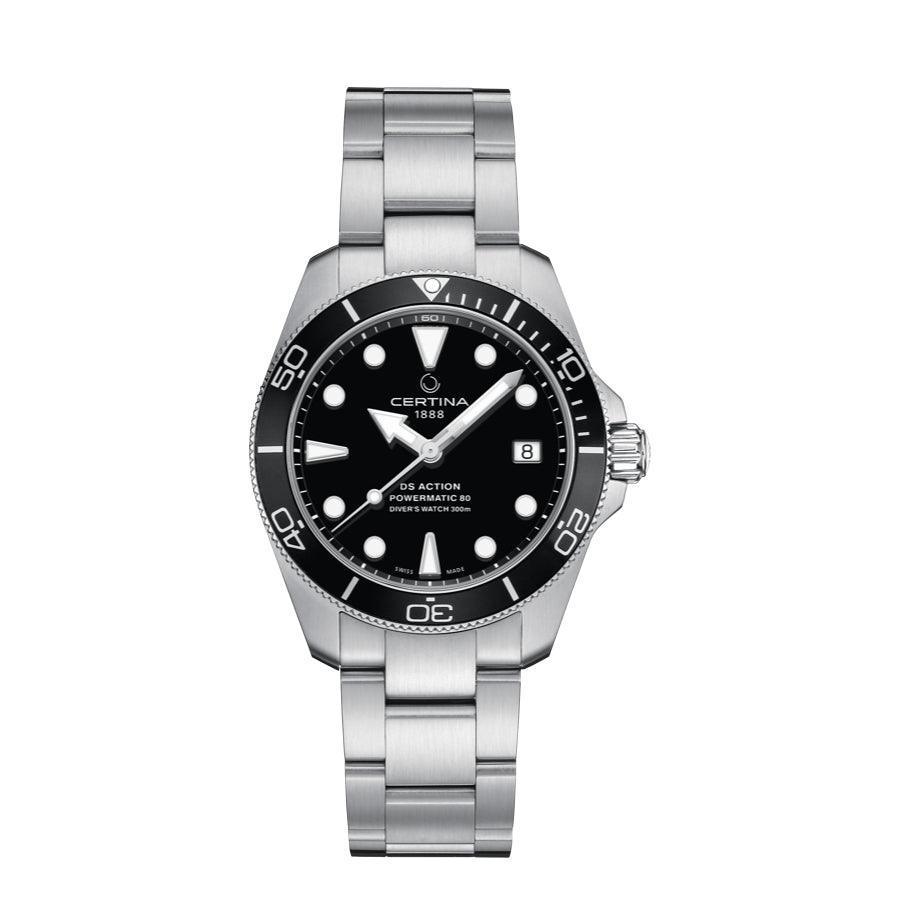 Certina DS Action Powermatic 80 med sort urskive og stållenke, sporty dykkerur. Model C0328071105100