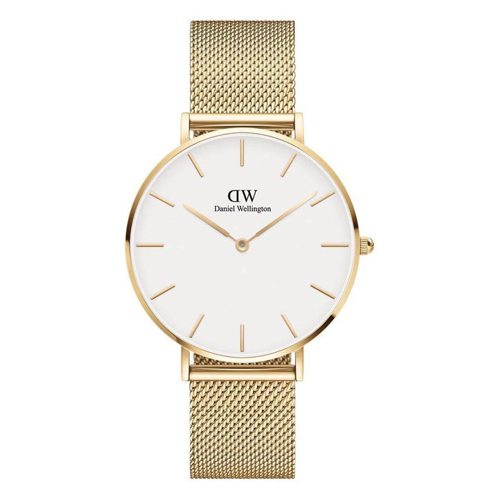 Daniel Wellington Classic Petite Evergold 36mm ur med hvid urskive og guldfarvet meshrem. Model DW00100346