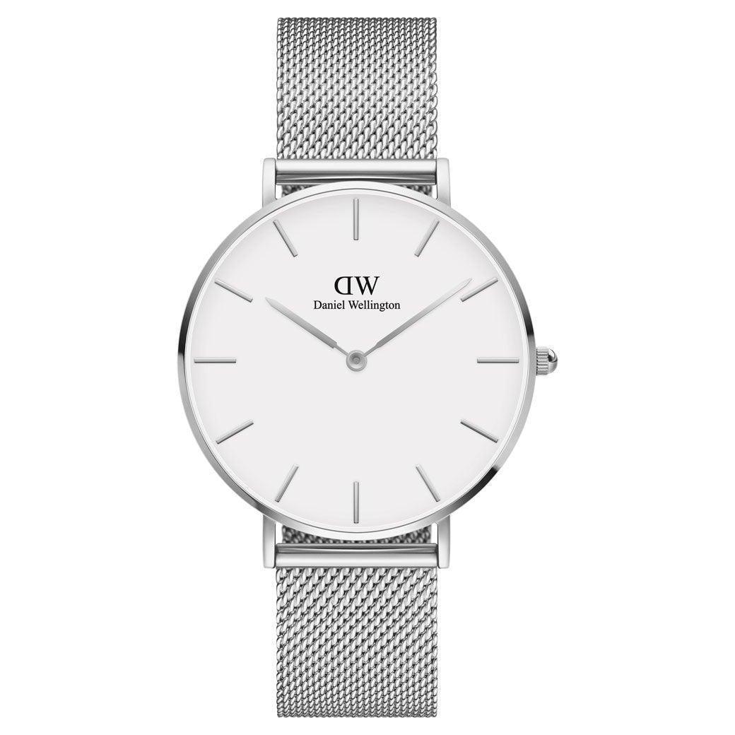 Daniel Wellington Classic Petite Sterling 36mm ur med sølv mesh-rem og hvid urskive, Model DW00100306-ADW00100306.