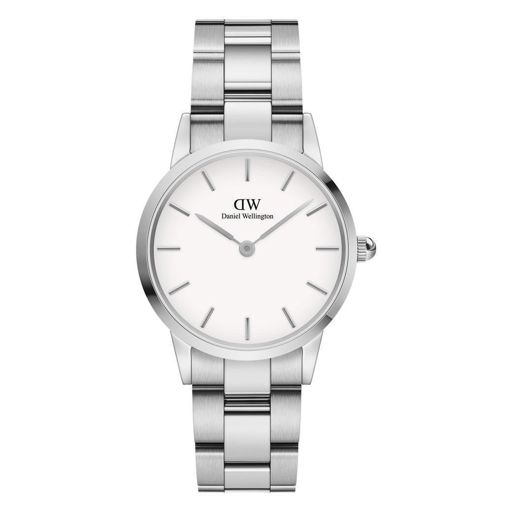 Daniel Wellington Iconic Link 28mm viser et elegant sølv armbåndsur med hvid urskive. Model DW00100207.