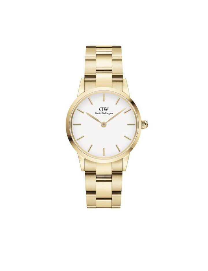 Daniel Wellington Iconic Link 28mm præsenteret med guldtonet lænke og hvid urskive. Model DW00100567.