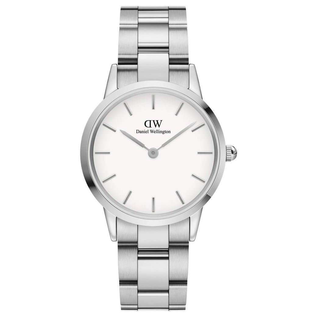 Daniel Wellington Iconic Link 32mm ur med sølvfarvet stållænke og hvid urskive. Model DW00100205.