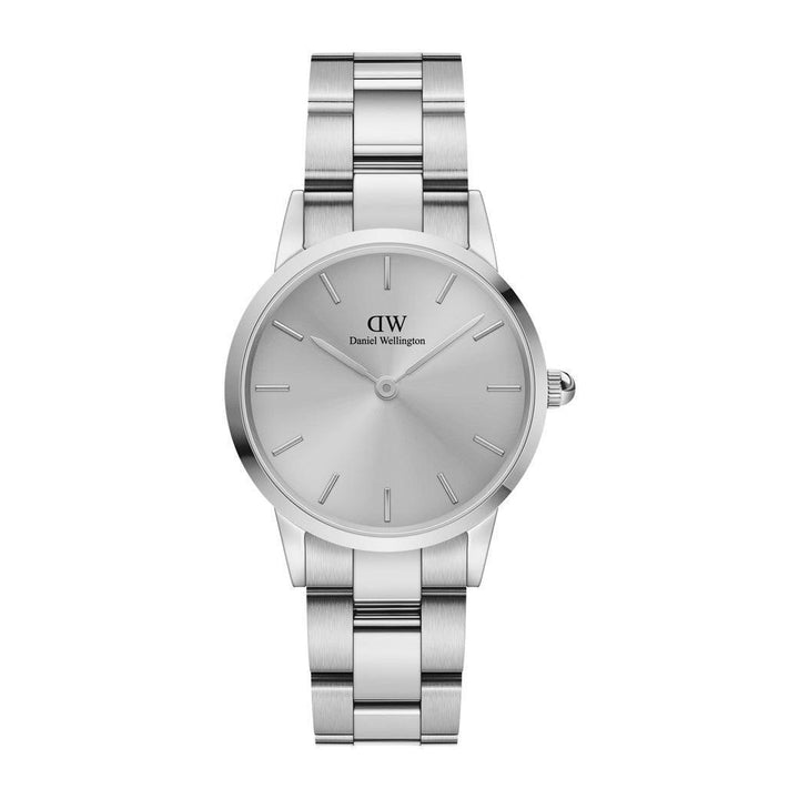 Daniel Wellington Iconic Link Unitone 28mm viser et elegant sølvur med blank stålkasse og armbånd. Model DW00100402