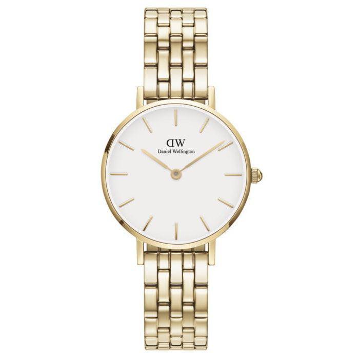 Daniel Wellington Petite Link Gold viser et elegant armbåndsur i guldfarvet stål med hvid urskive. Model DW00100614.
