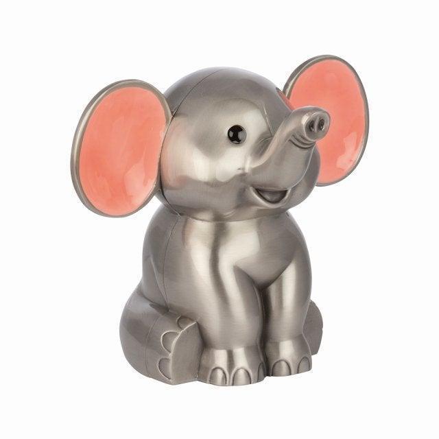 elefant-sparrebosse med lyserøde øre står i børnevenligt design med blank metalfinish. Model 152-76202-1