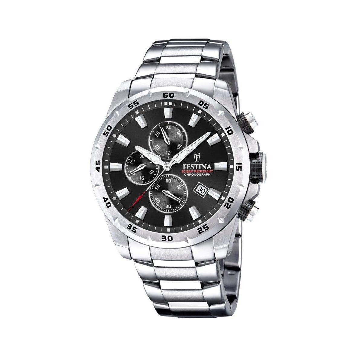 Festina Chrono Sport 20463/4 herreur med sort skive, kronografer og stållænke. Model 204634-204634-1.