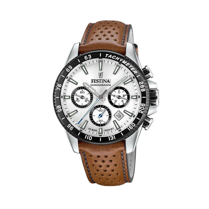 Festina Chrono Sport 20561/1 herreur med hvid urskive, tachymeter og brun læderrem. Model 20561/1