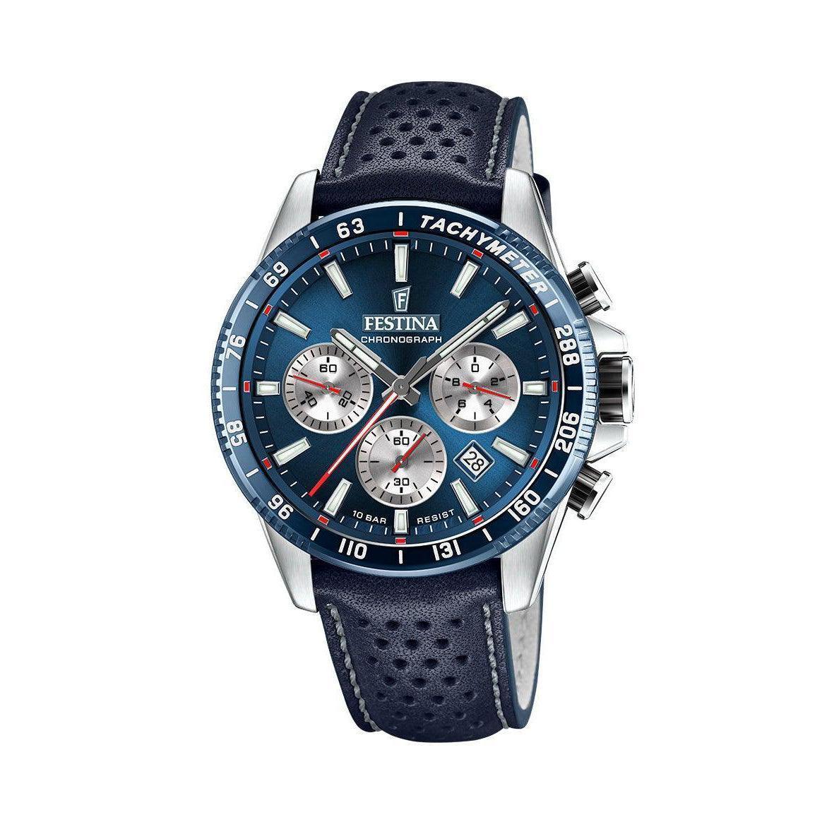 Festina Chrono Sport 20561/2 med blå urskive, chronograph-funktion og mørkeblåt læderrem. Model 20561/2.
