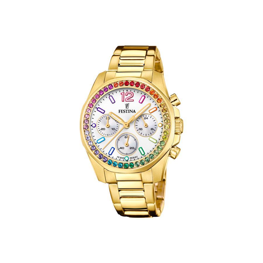 Festina Rainbow Dameur med gylden urkasse, flerfarvede sten og hvid urskive. Model F206092-1.
