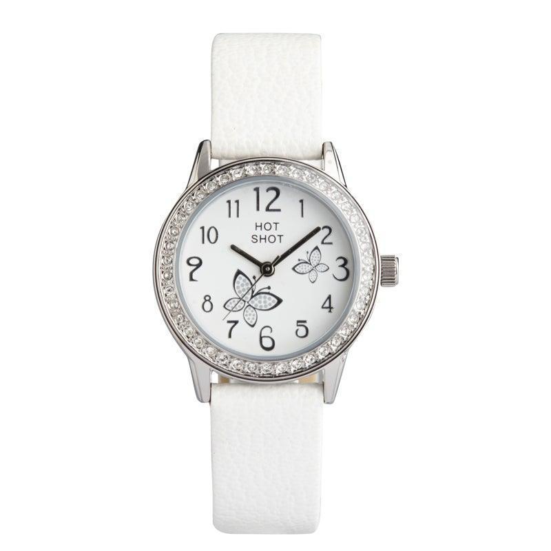Hot Shot Borneur hvid urskive med sommerfugle, hvid rem og krystal kant. Model 18781-1