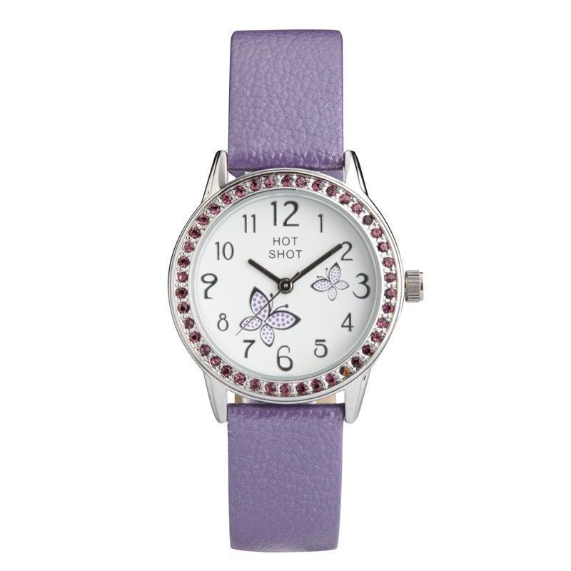 Hot Shot Borneur med lilla sommerfugle med lilla læderrem og pyntesten. Model 18783-1.