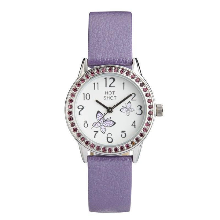 Hot Shot Borneur med lilla sommerfugle med lilla læderrem og pyntesten. Model 18783-1.