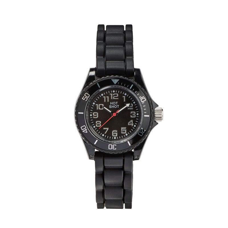 Hot Shot Borneur sort gummirem, klassisk børneur med sort urskive og rem. Model 10471-1.