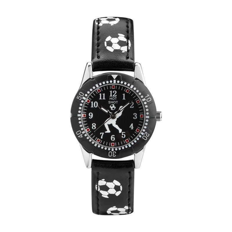 Hot Shot Borneur sort urskive og fodbold-detaljer med sort læderrem og hvide fodbolde. Model 11791-1.