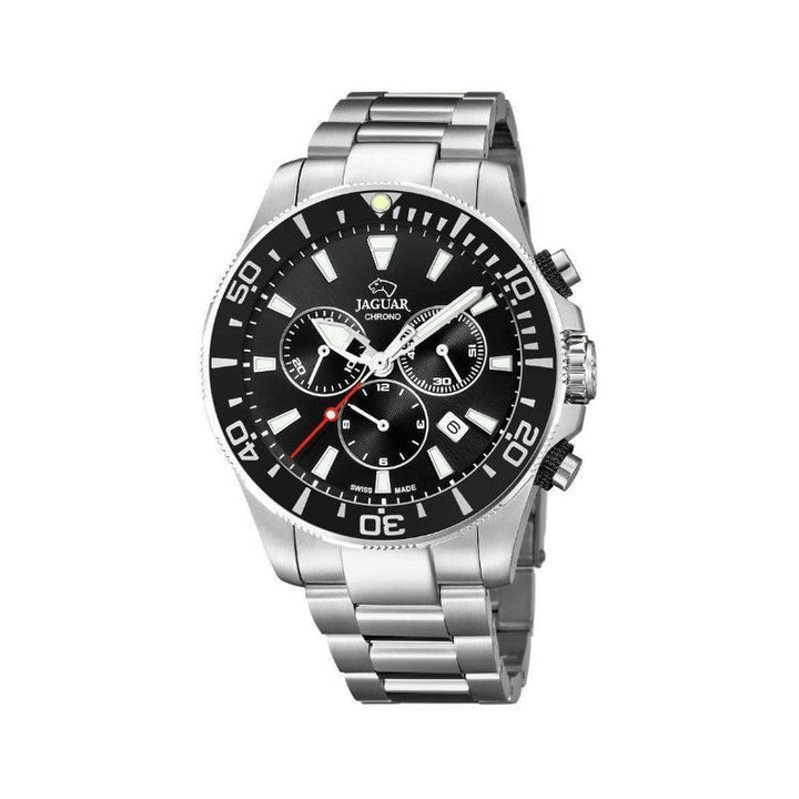 Jaguar herreur Executive Diver med sort urskive, stålkasse og kronografdetaljer. Model J8613-J8613-1