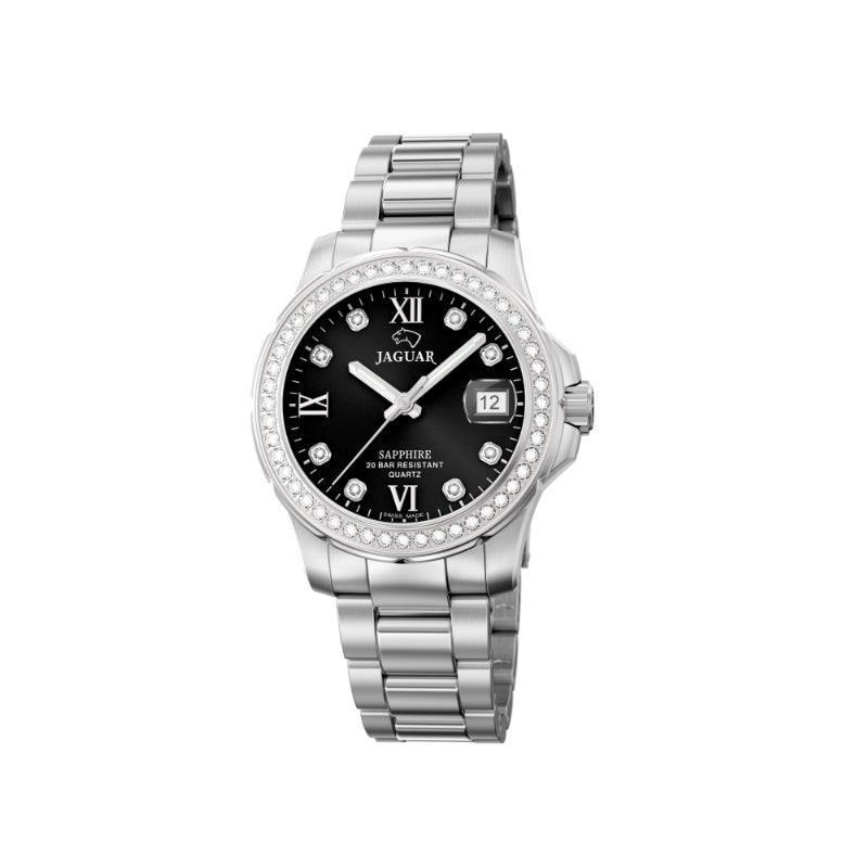 Jaguar Lady’s Diver J8924, sølvfarvet dameur i stål med sort urskive, dato og sten, Model J8924-1