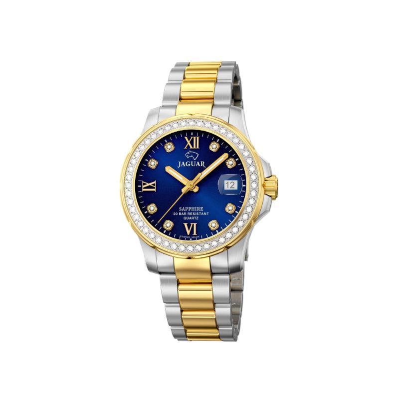 Jaguar Lady's Diver J8932 viser elegant dameur med blå urskive, guld- og stålrem samt Model J8932-1.