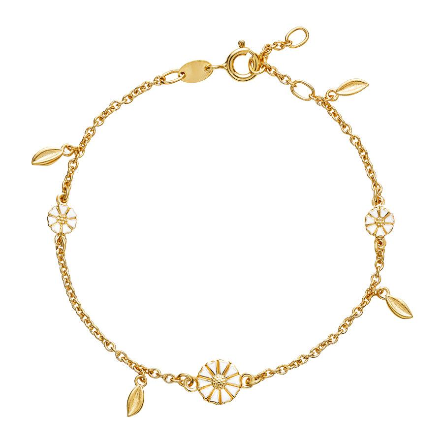Marguerit Forguldt Armbånd m. blade med hvide margueritter og blade i forgyldt design. Model 9015056-M