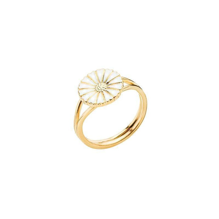 Marguerit Forgyldt Guld Ring 11mm med hvid emalje margueritmotiv, elegant design. Model 907011-M-001.