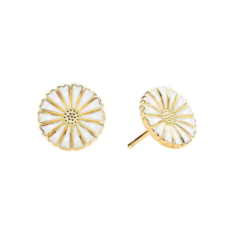 Marguerit Ørestik Forgyldt Guld 11mm viser et sæt margueritblomst ørestikker i hvid emalje og forgyldt guld, Model 909011-4-M