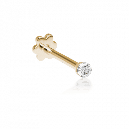Maria Tash 1.5mm Invisible Set Diamond Threaded Stud viser en diskret guld ørestik med rund klar diamant, Model xivi5d-001-1.