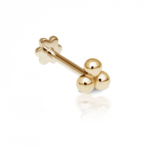 Maria Tash Large Three Ball Trinity Threaded Stud i guldfarvet metal, frontbillede. Model x3btrl-001.